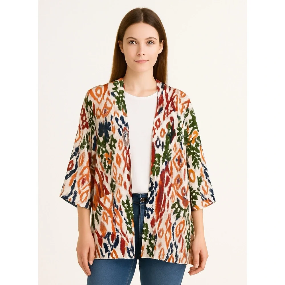 Zara‎ Hanoi Kimono Top Medium Ikat Print Colorful Pockets Linen Blend NO BELT